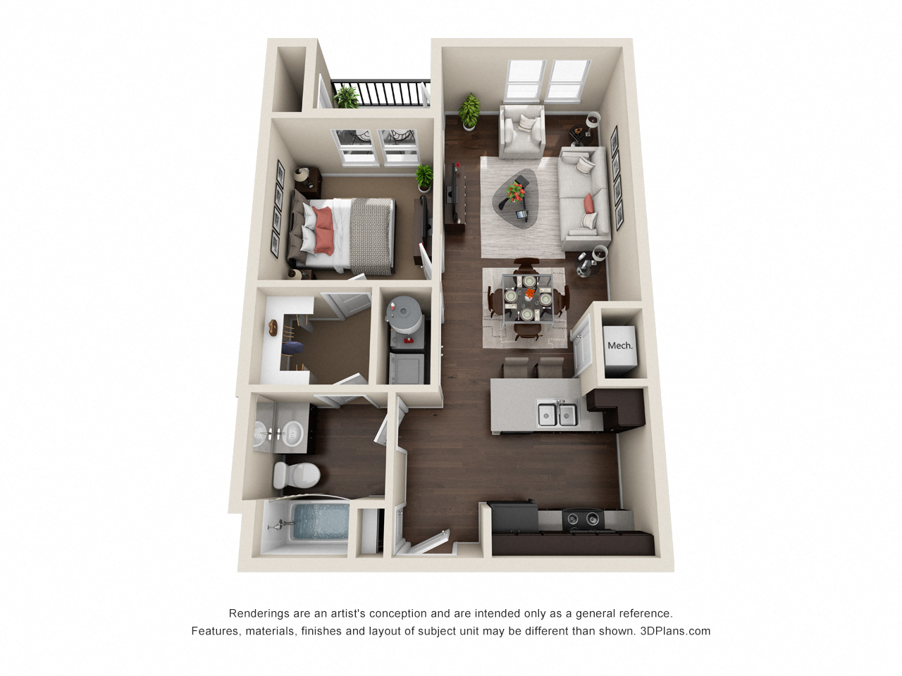 Floor plan for 1 bed, 1 bath, 656 sqft